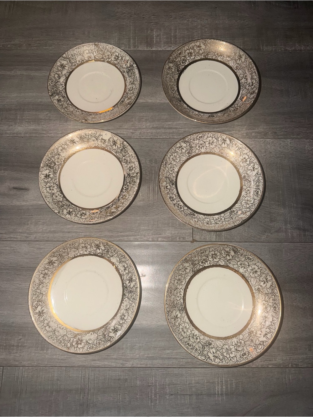 1940’s Floral Royal China Warranted 22Kt Gold 5" Saucers Set of 6
